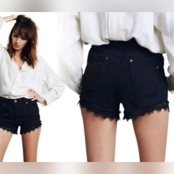 Free People High Rise Distressed Shorts Crochet Lace Trim in Stark Black Size 29 - Picture 2 of 11